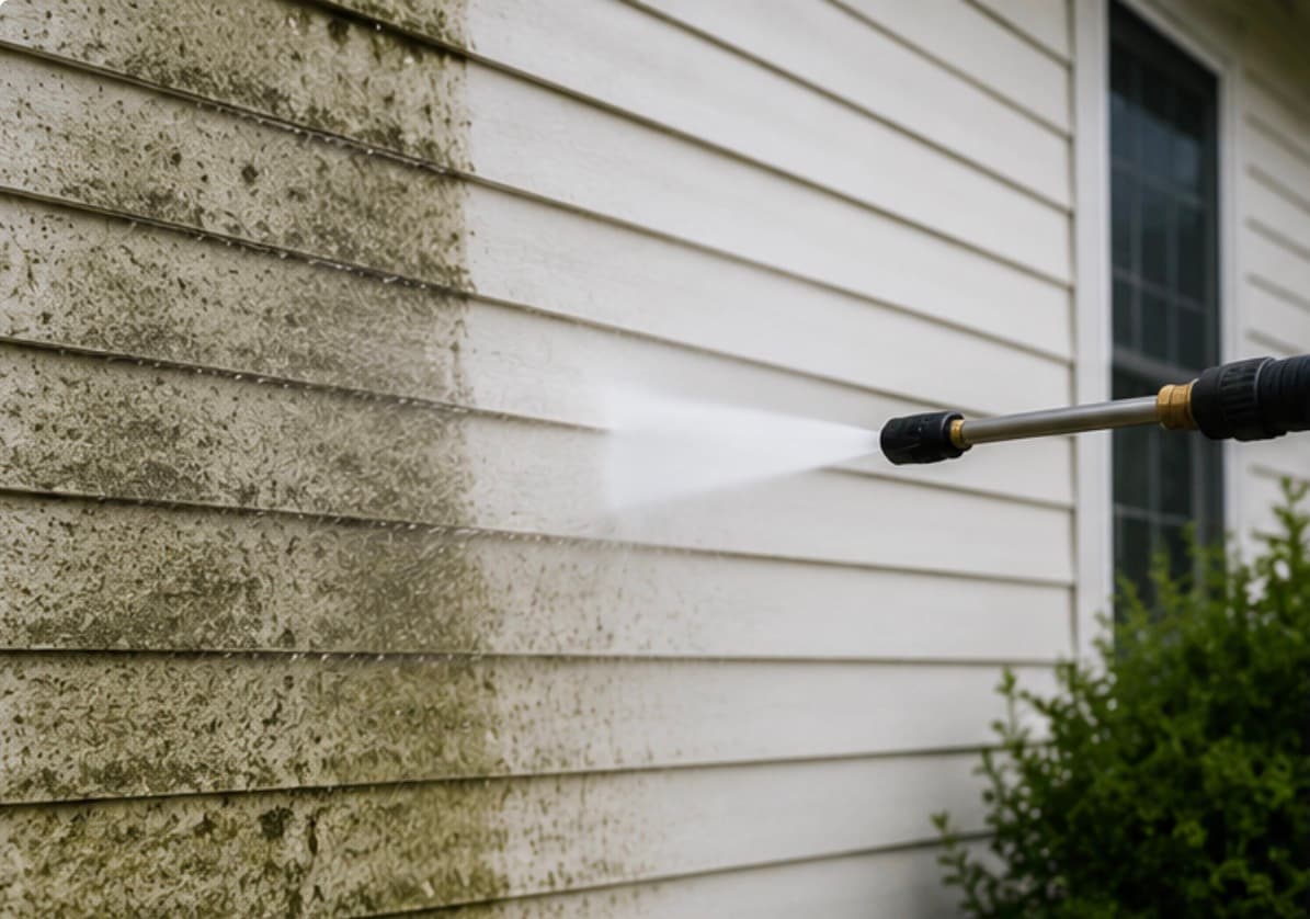 Soft washing lifting dirt and mildew from vinyl siding